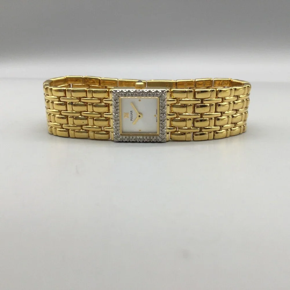 Pulsar Women Watch 17mm White Dial Gold Tone Diamond V810-X056 New Battery 6.75